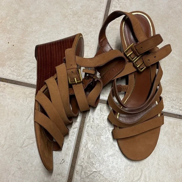 Lauren Ralph Lauren Aleigh Sandal Wedge Brown Open Toe Strappy 8.5b - Picture 1 of 6